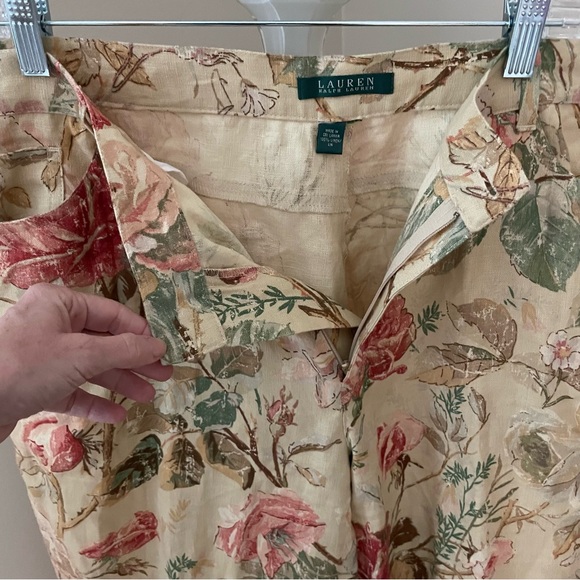 Vintage Lauren Ralph Lauren 100% Linen Khaki Floral High Waist Pants Size 14/16 - Picture 4 of 13